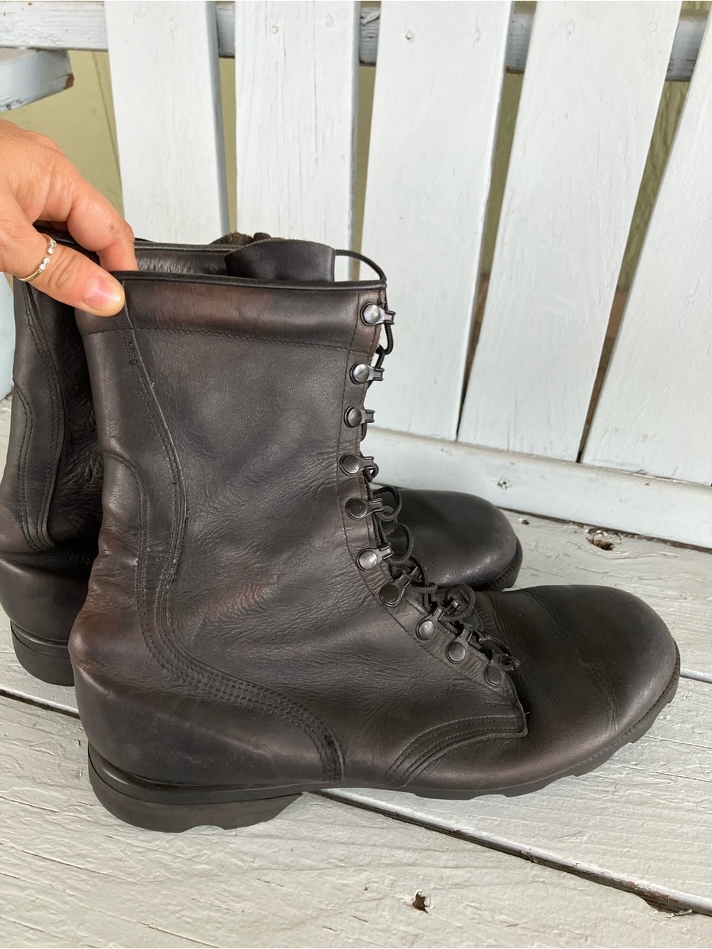 Men's Black Leather Lace-Up Combat Boots RO SEARCH Vintage Military - Picture 5 of 15